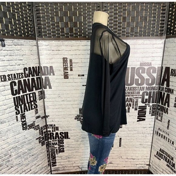 Roaman's 12 Black Sheer Mesh Studded Jewel Neckline Sheer Long Sleeve Blouse - Picture 5 of 6